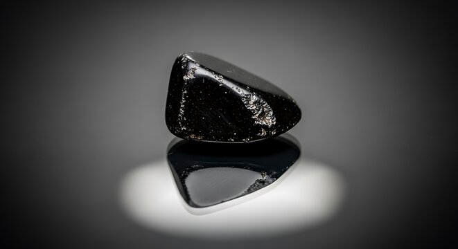 A single polished black gemstone resting on a reflective dark surface.