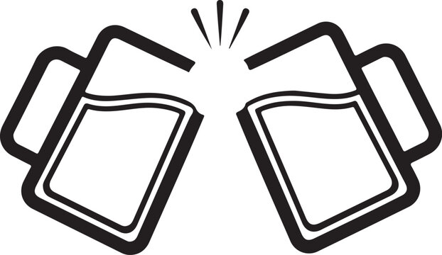A black and white illustration of two beer mugs clinking together