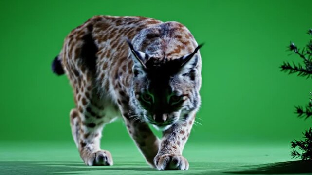 A majestic lynx with spotted fur walks intently forward on a green screen, ready for digital compositing.