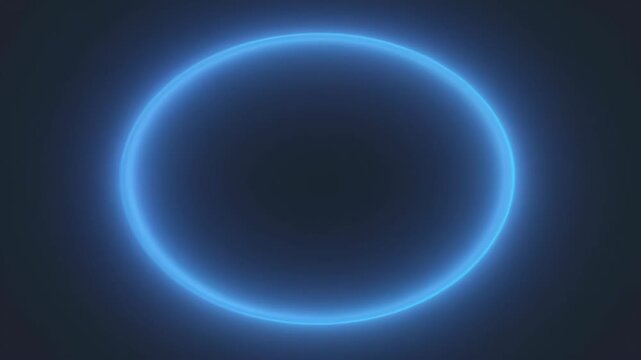 Blue glowing oval ring on dark abstract background, neon light ellipse with soft haze, futuristic minimal design and luminous outline for SEO searchable backdrop