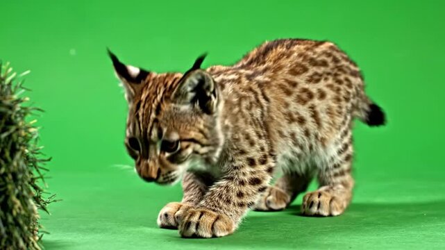 A young lynx cub with spotted fur and tufted ears crouches intently on a green screen, ready to pounce.