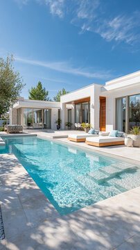 Modern luxury home swimming pool contemporary villa outdoor patio poolside lounge blue sky Elegant modern luxury home with