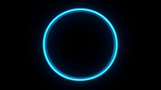 Abstract glowing blue and cyan circle neon ring black background with futuristic light halo, minimal abstract design, glowing purple neon circle with dark empty center, modern concept and SEO