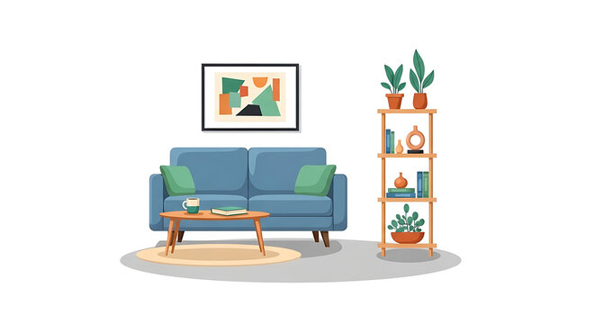Animation style vector small apartment living space with sofa shelf and decor minimal editable scene Isolated on White background