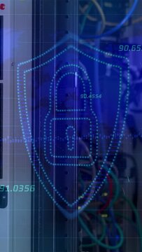 Vertical video: Power panel sending data, initiating blue HUD and shielding network cables, LEDs