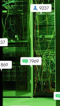 Server racks cables static with notifications appearing clustering fading showing network activity