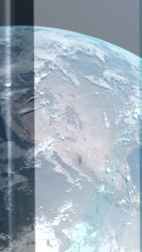 Camera orbiting Earth clouds drifting atmospheric rim revealing left band staying fixed for science