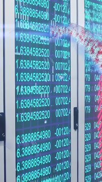 Vertical video: LED wall starting while dotted globe moving, splitting and mapping technology data