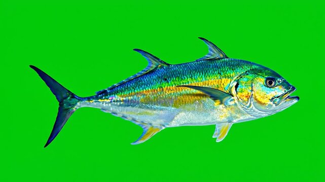 A vibrant blue and yellow fish swimming against a bright green background.