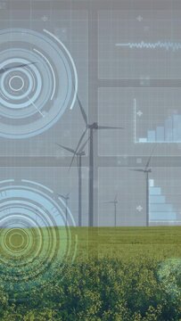 Vertical video: HUD activating while turbines rotating and charts displaying crop power monitoring