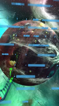 Vertical video: Data firing HUD across planet while zigzag graph rising and showing space data