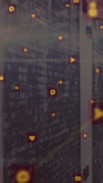 Overlay reacting to binary scroll, forming golden social icon web over data center, showing flow
