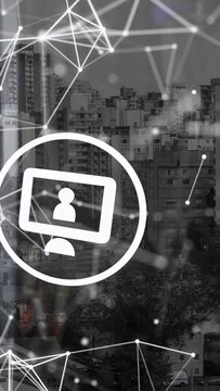 Monitor with user avatar pulsing in skyline via glass layer with nodes drifting, forming tech web