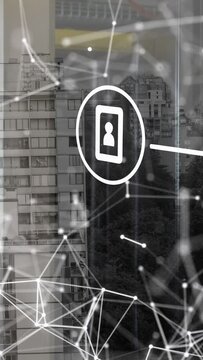 Profile icon fading in, initiating smart city network, pulsing nodes drawing mesh across window