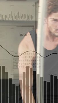 Vertical video: Man shifting and slamming rope for training cam rising to face animated overlays
