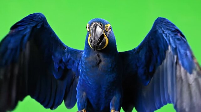 A vibrant blue hyacinth macaw parrot with outstretched wings against a bright green screen background.