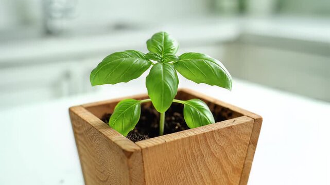 Single Object: Fresh Organic Basil Plant Growing in a Wooden Pot