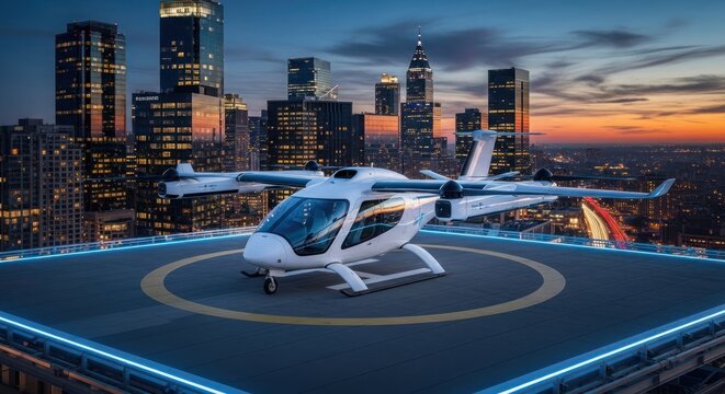 Futuristic electric vertical takeoff and landing aircraft on a helipad overlooking a city skyline at dusk.