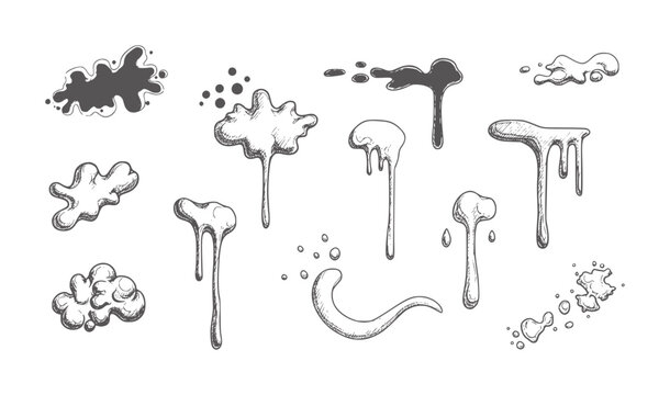 Hand drawn ink splashes and drips white liquid fluid