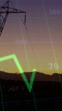 Grid data activating neon line graph peaking, settling over dusk ridge, tower left monitoring load