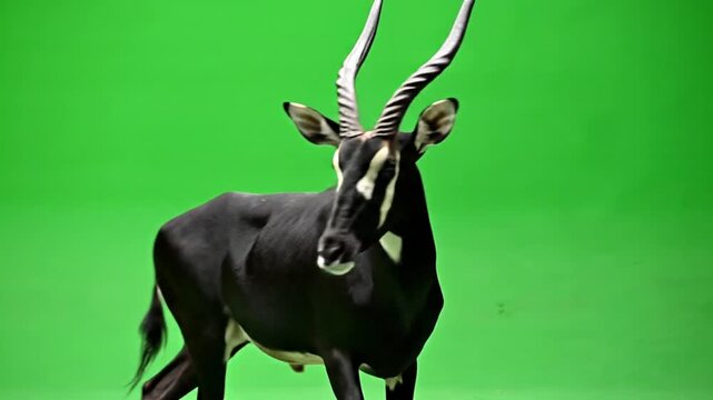 A majestic sable antelope with long, curved horns stands against a vibrant green screen background.