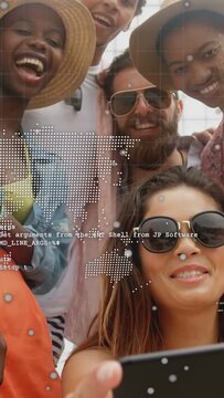 Vertical video: Woman holding phone causing dotted map and code text as group joining travel selfie