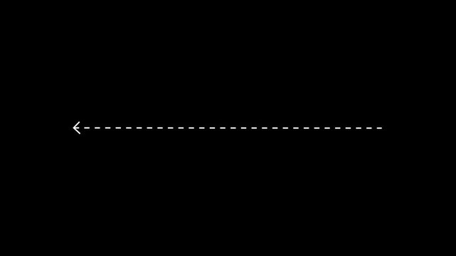 left arrow direction icon with dotted line animation on Black background. dot arrows icon sign animated with alpha channel. white straight arrows animation. 4k black background animation