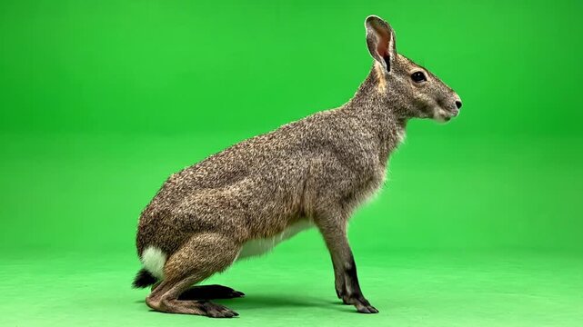 A Patagonian mara, a large rodent resembling a rabbit, standing on a vibrant green background.