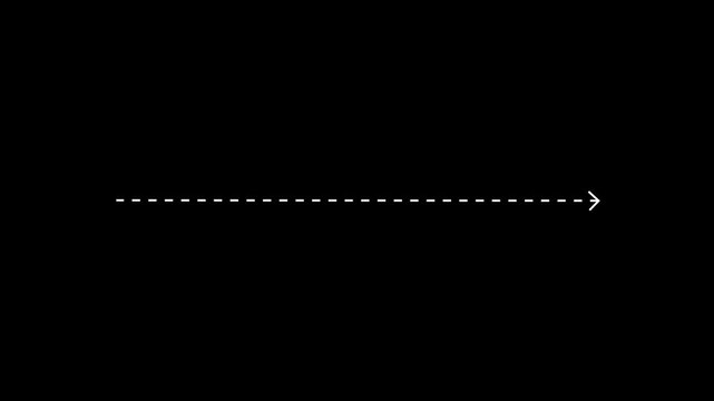 right arrow direction icon with dotted line animation on Black background. dot arrows icon sign animated with alpha channel. white straight arrows animation. 4k black background animation
