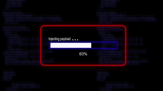cyan glowing progress bar shows 100% percent of injecting payload on a background of computer code programming.4K Data Transfer and Secure Cloud Server Storage Technology Animation