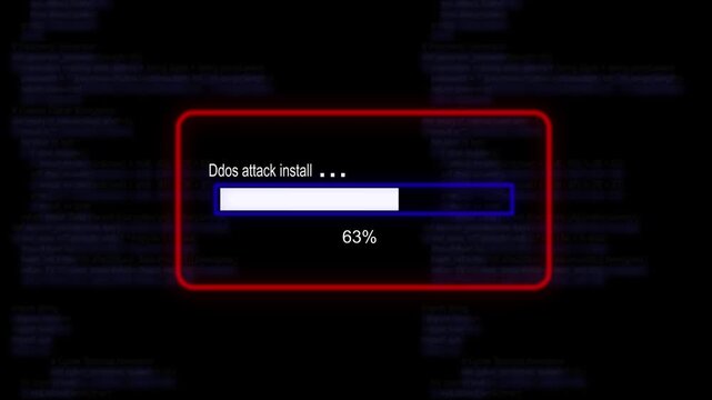 cyan glowing progress bar shows 100% percent of Ddos attack install on a background of computer code programming.4K Data Transfer and Secure Cloud Server Storage Technology Animation