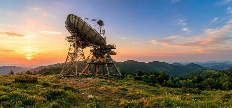 Sunset landscape with a large radio telescope antenna on a mountain peak