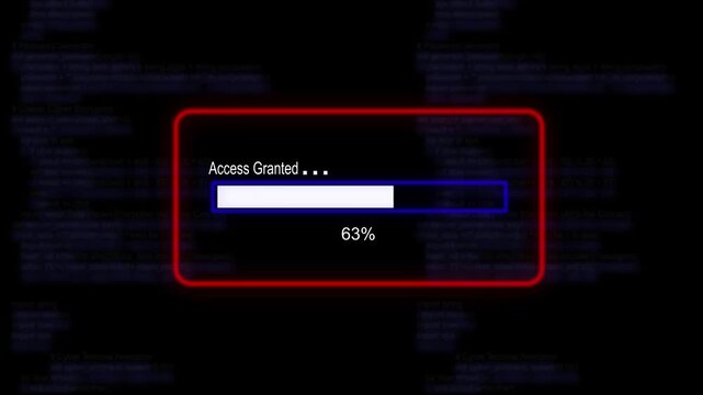 cyan glowing progress bar shows 100% percent of access granted on a background of computer code programming.4K Data Transfer and Secure Cloud Server Storage Technology Animation
