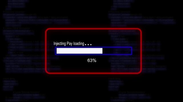 cyan glowing progress bar shows 100% percent of injecting pay loading on a background of computer code programming.4K Data Transfer and Secure Cloud Server Storage Technology Animation