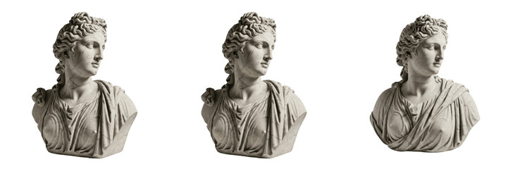 Classical Greek Goddess Bust Statue Set, Realistic White Marble Sculpture of Aphrodite or Diana Poses Isolated on White Background, Ancient Roman Art 3D Render Illustration © ploki