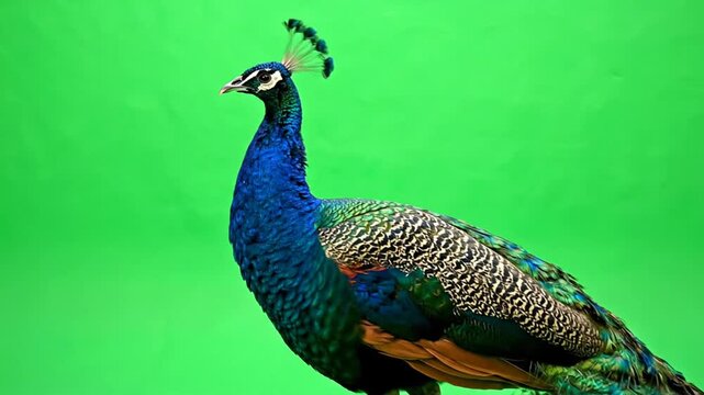 A majestic blue peacock with a crest stands proudly against a vibrant green background, showcasing its beautiful plumage.