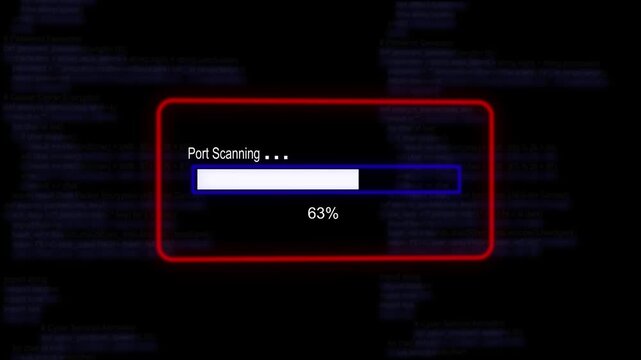 cyan glowing progress bar shows 100% percent of port scanning on a background of computer code programming.4K Data Transfer and Secure Cloud Server Storage Technology Animation