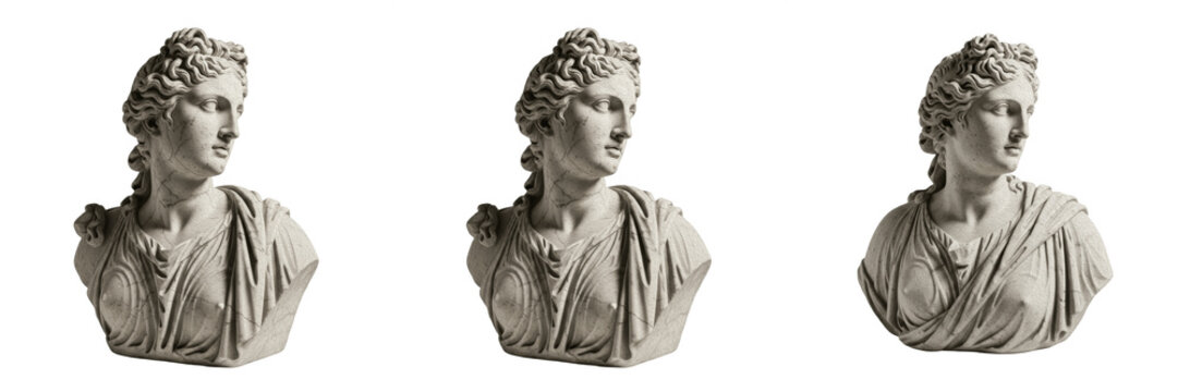 Classical Greek Goddess Bust Statue Set, Realistic White Marble Sculpture of Aphrodite or Diana Poses Isolated on White Background, Ancient Roman Art 3D Render Illustration