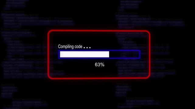 cyan glowing progress bar shows 100% percent of compiling code on a background of computer code programming.4K Data Transfer and Secure Cloud Server Storage Technology Animation