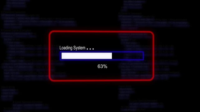 cyan glowing progress bar shows 100% percent of loading system on a background of computer code programming. 4K Data Transfer and Secure Cloud Server Storage Technology Animation