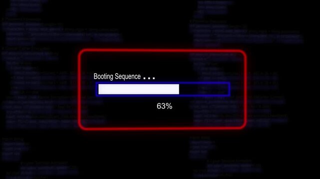 cyan glowing progress bar shows 100% percent of booting sequence on a background of computer code programming.4K Data Transfer and Secure Cloud Server Storage Technology Animation