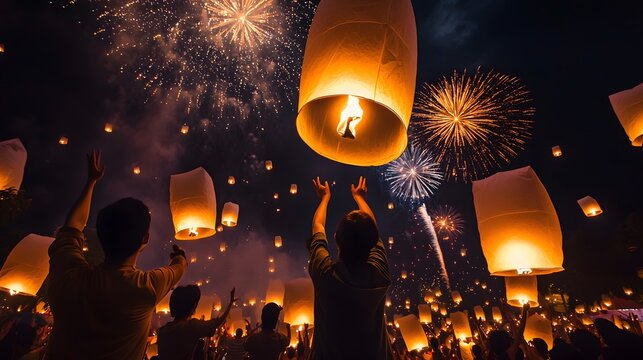 Festive lantern release with colorful fireworks high resolution picture