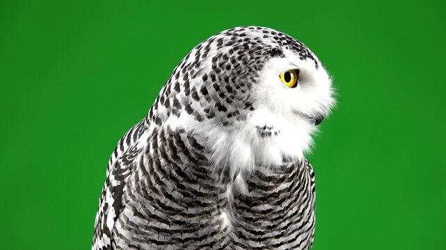 A majestic snowy owl with striking yellow eyes and black markings on its white feathers, captured against a vibrant green background.