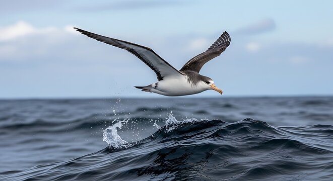 A large seabird glides effortlessly over dark blue ocean waves.