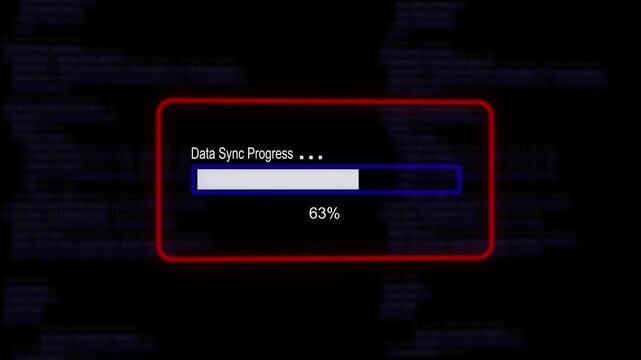 cyan glowing progress bar shows 100% percent of data sync progress on a background of computer code programming.4K Data Transfer and Secure Cloud Server Storage Technology Animation