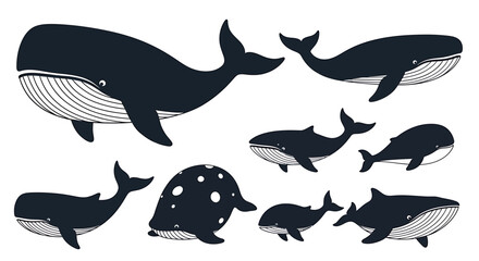 Obraz premium Diverse collection of whale silhouettes showcasing various marine mammals in different sizes and poses, ideal for ocean-themed designs, aquatic wildlife illustrations, and environmental conservation