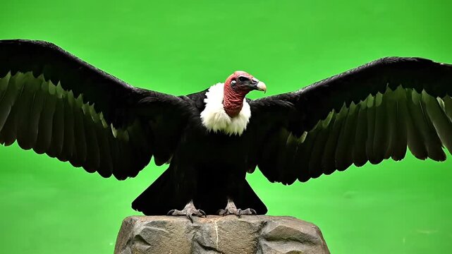 A majestic condor with its wings spread wide, perched on a rock against a vibrant green screen background.