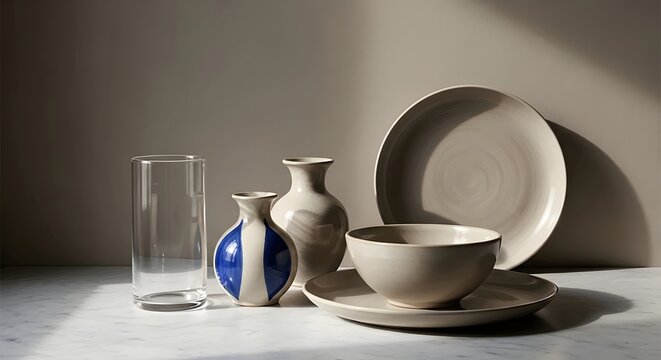 Still life with ceramic vessels and glassware in soft light