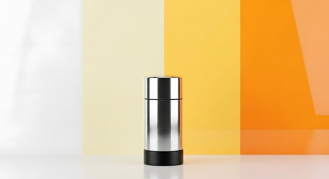 Sleek silver and black thermos against a gradient orange and yellow background