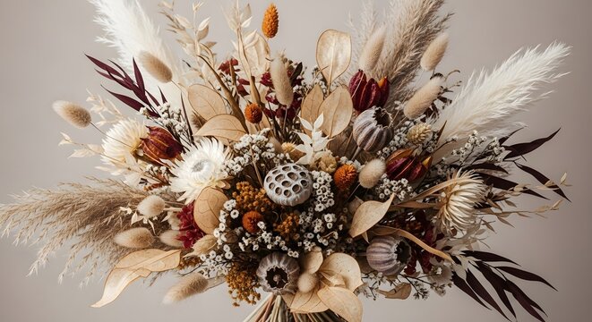 Elegant dried flower arrangement a neutral and textured bohemian bouquet